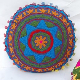 Traditional Jaipur Boho Throw Round Suzani Pillow, Embroidered Cushion Covers 16", Decorative Throw Pillow Cases, Indian Pom Pom Outdoor Cushions, Boho Pillow Shams