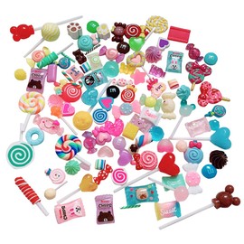 Anrher 100pcs Miniature Sweet Candy Decoration Mixed Loillpop Flatback Resin Sets for Childrens Pretend Kitchen Play Cooking Game DIY Party Doll House Accessory