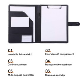 A4 Clipboard Folder, PU Document Pocket, Clipboard Writing Case with Magnetic Closure for Office and Conferences - Black