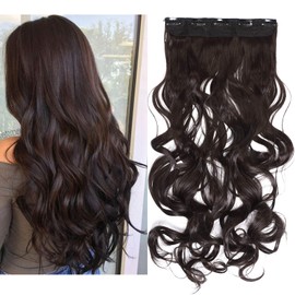 Clip in Hair Extensions One Piece 5Clips Hairpiece 27inch Long Curly Synthetic Hair Thin Thickness For Women[Dark Brown]