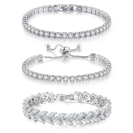 GEMOSA 3 Pcs Tennis Bracelet Set White Gold Plated Marquise Cubic Zirconia CZ Diamond Dainty Adjustable Rhinestone Sterling Silver Bracelets for Women Stackable Fashion Wedding Prom Gift