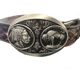 Native Indian Design Handmade Mens Leather Belt with Buffalo Nickle Design Buckle Western Work Casual 1.5" Wide Color Cocoa Brown (36)