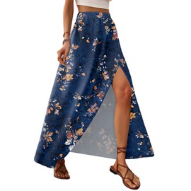 Zeagoo Skirt Women's Elegant Printed Summer Skirt Boho Beach Skirt Loose Fit High Waist Maxi Skirt A Line Soft Long Skirt with Slit, Navy Blue Floral Pattern