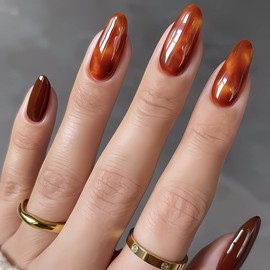 Amber Press on Nails Almond Fake Nails Medium False Nails with Gradient Amber Color Design Fall Glue on Nails Winter Acrylic Nails Press ons Glossy Full Cover Stick on Nails for Women Manicure 24Pcs