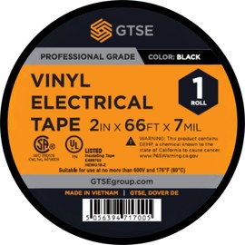 GTSE Wide Black Electrical Tape, 1 Roll – Waterproof, Industrial Grade Vinyl, 2 in x 66ft– Strong Self-Adhesive PVC Electric Tape for Wire Insulation, 7 Mil, 600V – UL/CSA Listed