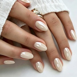 Uñas postizas cortas color beige cromado, uñas postizas extra cortas brillantes con forma de almendra, pegamento y pestañas, uñas postizas ovaladas gr