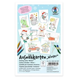 Ursus 28340099F Sewing Cards for Children, 50 White Embroidery Cards with 10 Pre-Printed Winter Motifs, Approx. 11 x 17 cm, for Embroidery and Colouring