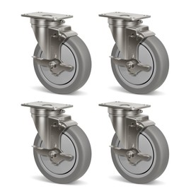 NINOSO 5" Caster Wheels, Stainless Steel Casters Set of 4 Heavy Duty, Anti-Corrosion Rubber Industrial Caster Wheels for Hospitals Food Labs(4 Brake)