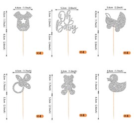 24 piezas de Oh Baby Cupcake Toppers con purpurina para bebé Carriage Bear Baby Shower Cupcake Picks para revelar género Baby Shower niños fiesta de cumpleaños decoración de pasteles suministros de plata