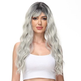 Rose bud Long Curly Wavy Ombre Silver Wig with Fringe Adjustable 24 Inch Synthetic Cosplay Daily Hair Wigs for Women