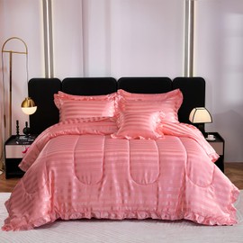 Bedorm Satin Comforter Set 8 Pieces Silk Like Silky Bedding Set Pink Stripes Pattern Rich Luxury Silky Comforter with Satin Sheet Set King Size Bed in A Bag