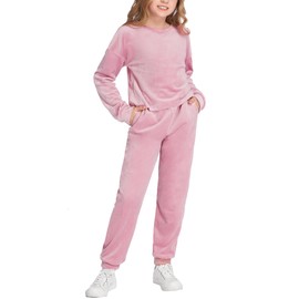 Arshiner Girls Sweatshirts Kids Crewneck Velvet Sweatshirt Long Sleeve Tracksuit Relaxed Casual Athletic Clothing Set Pink Size 5-6Y