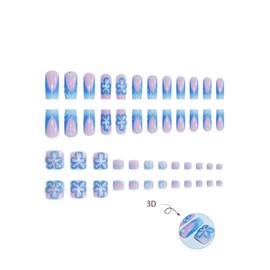 Blue French Tips Press on Nails Flower Press on Toenails Short Square Fake Nails with Flower Charm Design Floral False Toenails Glossy Reusable Spring Summer False Nails for Women Girls Manicure 48Pcs