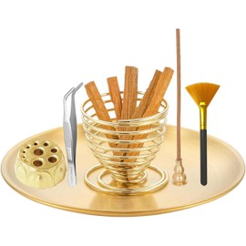 6-in-1 Incense Holder Set,Palo Santo and Sage Holder,Incense Burner for Sticks,Coils, and Cones,5.5-inch Brass Ash Catcher with Brush and Tweezers,Perfect for Meditation,Yoga,Spa,and Zen Decor