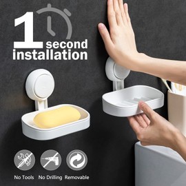 LEVERLOC Soap Holder Suction Cup for Shower, 2 Pack Soap Dish for Shower Wall Mounted NO-Drilling, Plastic Self Draining Removable Vacuum Suction Bar Soap Holder for Bathroom Bathtub Sink