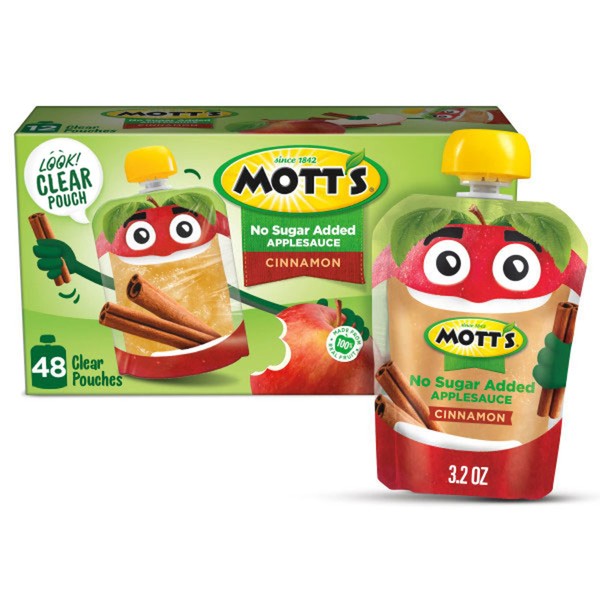 Mott's No Sugar Added Cinnamon Applesauce, 3.2 Ounce Clear Pouch, 12 Count (Pack of 4), Perfect for on-the-go, No Added Sugars or Sweeteners, Gluten Free and Vegan