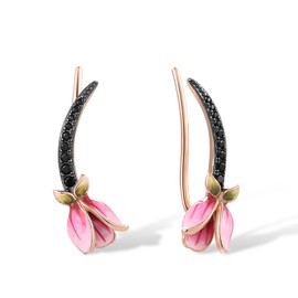 Santuzza Sterling Silver Pink Enamel Tulip Ear Cuffs Climber Earrings Black Spinel Rose Plated Flower Ear Crawler Earrings for Women
