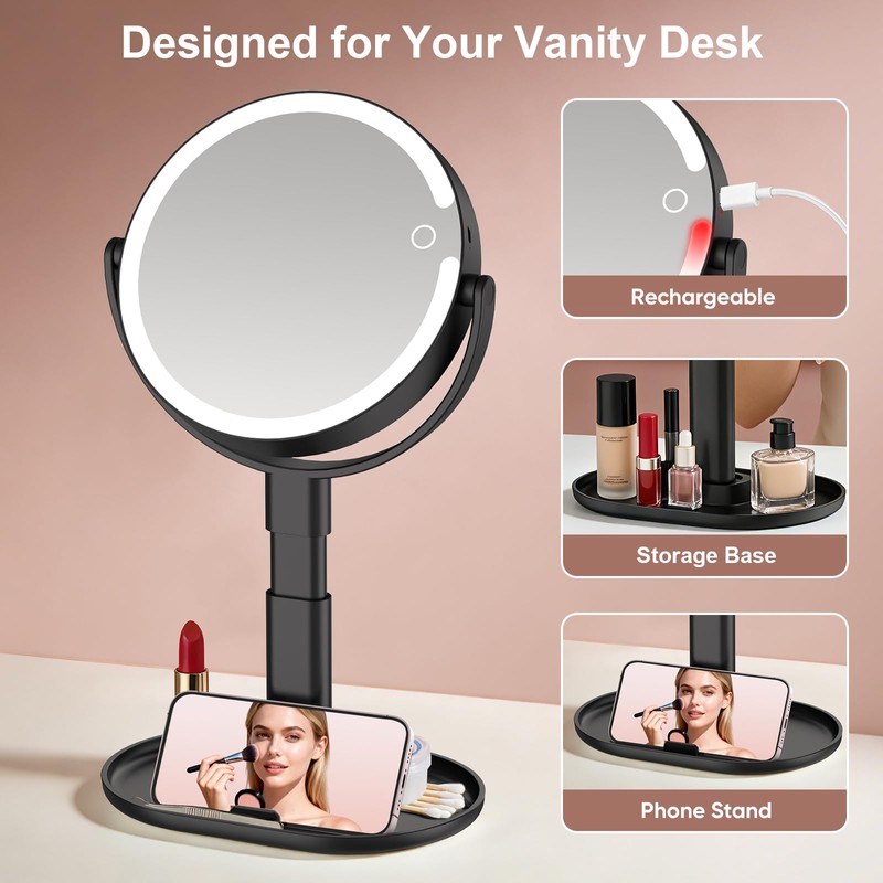 Rechargeable Lighted Makeup Mirror,10X Magnification, 7 Inch