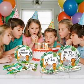 Cangmyxis 60pcs Wildlife Happy Birthday Paper Plates Safari 7inch & 9inch and Napkins Forks Zoo Animals Disposable Dessert Plate Party Tableware For Kids Birthday Party Decorations,Serve 15