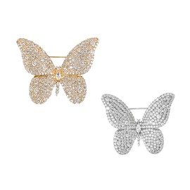 Fashion Butterfly Rhinestone Brooch Pin for Women Golden Silvery Clear Crystal Cluster Cartoon Animal CZ Brooches Lapel Pins Badge Dress Accessories Unisex Delicate Holiday Christmas Chic Jewelry Gift (2 Pieces Golden/Silvery)