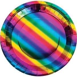 Club Pack of 96 Multi color Disposable Rainbow Foil Dinner Plates 9"