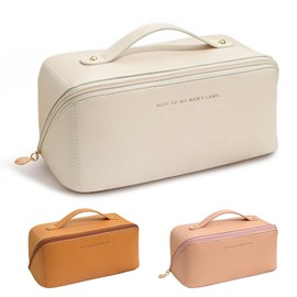 BOXTOHEART Portable Make Up Bag, Large Capacity Travel Cosmetic Bag, PU Leather Double-layered, Waterproof Portable Leather Makeup Organizer Bag for Skin Care Kits Cosmetics Toiletries (White)