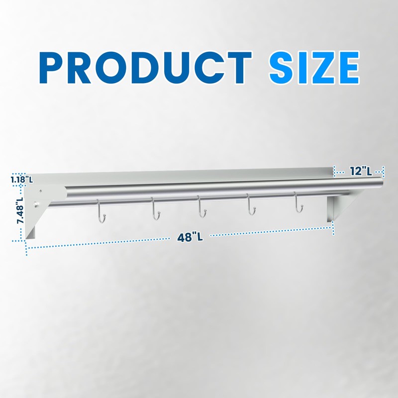 Treshin Stainless Steel Shelf with 5 Hooks 12 x 48