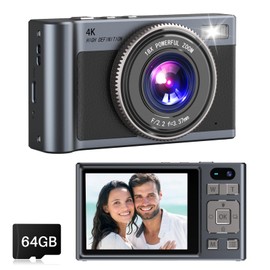 Digital Camera, 4K 64MP Autofocus UHD Dual Cameras with 64GB Micro SD Card 2.8'' IPS Sceen, 18X Digital Zoom Selfie Compact Point and Shoot Vlogging Camera for Teens Beginner Adult, Metal Grey
