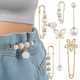 6 Pcs Gold Brooches for Women,Gold Safety Pins, Faux Pearl Brooch Rhinestone Brooches for Women, Sweater Shawl Pin, Decorative Pant Waist Tightener Safety Pins for Clothes