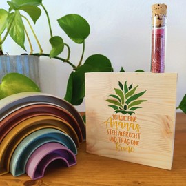 Bild mit Spruch - Ananas Holzbild 11x11x2cm zum Hinstellen auf's Regal/Sideboard mit Reagenzglas - Positives Denken, Bilder Sprüche, Sprüche, Schöne Geschenke, Hygge Deko, Lebensweisheit, Bild Freund