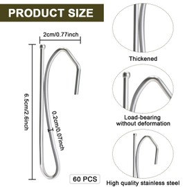 Rimoev 60 Pcs Curtain Hooks for Drapes, Stainless Curtain Pinch Pleat Hooks, Heavy Duty 2.6 inchs Metal Curtain Hook Pins for Window、Shower Curtain、Living Room、RV Curtains