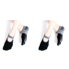 Win.Deeper Yoga Socks, 5-Toe, Anti-Slip, Fitness, Pilates, Different Materials, Women's Socks, Sports, Breathable, Odor Resistant, Set of 2 Pairs, Black 2-Pack
