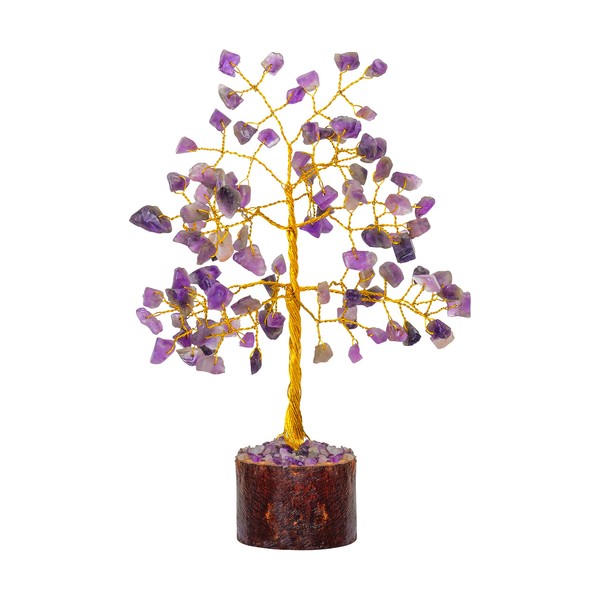 FASHIONZAADI Amethyst Bonsai Money Tree Feng Shui Crystal Gemstone Trees Chakra Stone Healing Crystals Trees Good Luck Home Office Table Décor Health Prosperity Size 7-8 inch (Golden Wire)