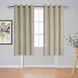 BUHUA Beige Foil Printed Branches Blackout Curtains Grommet Room Darkening Curtains for Bedroom 52W×63L Inch 2 Panels