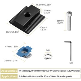 Anbte 10pcs Solar Panels Mid Clamps for Unistrut, Aluminium Solar Panel Brackets 30mm/35mm, Mounting Kit for Metal Roof, Tin Roof, Flat Roof, Sheet Roof, Black