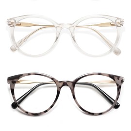 AMOMOMA Retro Round Reading Glasses for Women Cute Stylish Blue Light Blocking Readers AM6055, Clear/Gold&Grey Tortoise/Gold 1.00x