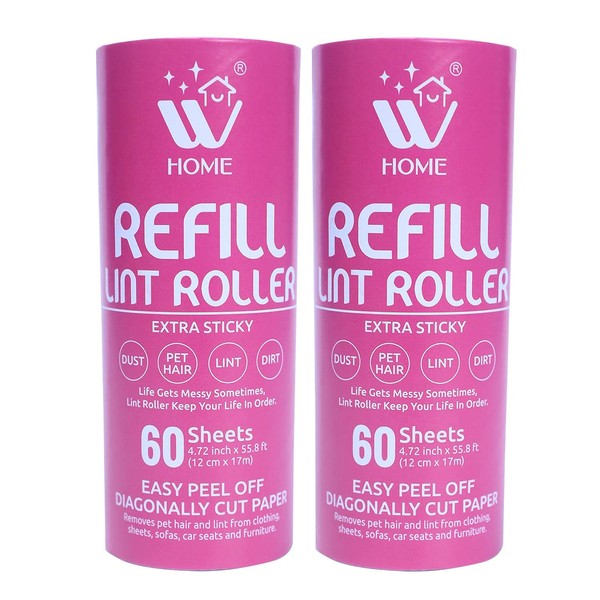 WBM Home Extra Sticky Lint Roller Refill, Lint Remover for Pet Hair- 60 Sheets Per Refill, 120 Sheets Total, 2 Pack