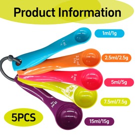 Set of 5 Dosing Spoons, Measuring Spoons, Gram, Measuring Spoons, Measuring Spoons, Different Capacities with Colourful Plastic Spoon, for Baking and Cooking Kitchen, Liquids and Powder