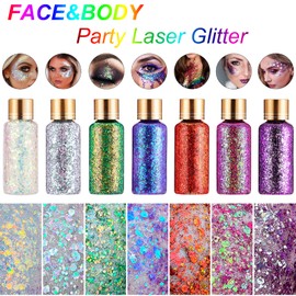Holographic Body Glitter Gel, Mermaid Sequins Face Glitter Makeup for Body, Hair, Face, Nail, Eyeshadow, Long Lasting Waterproof Party Glitter for Festival Stage Nightclubs, 1oz (Laser Silver)