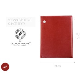 DELMON VARONE - Clipboard Folder DIN A4 Made of Vegan Eco Faux Leather Red - Organiser Clipboard Folder with Block Clamp, Pen Loop and Pockets - Classic Genuine Leather Business Folder
