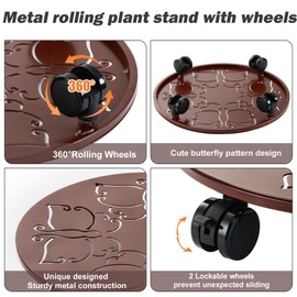 3 Packs 14 inches Large Metal Plant Caddy with Wheels Round Planter Dolly Pot Mover Rollers Wrought Iron Rolling Plant Stands Indoor Outdoor Wheeled Plant Holder Coaster Trolley, Butterfly, Brown