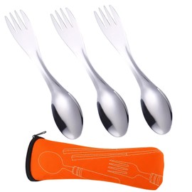 Spork Titanium Stainless Steel Cutlery Set of 3 with Storage Bag, Ideal for Camping, Hiking and Picnics, 17 cm Length, Lightweight and Durable