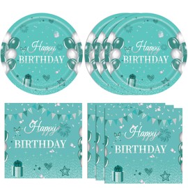 KHAIVI 40PCS Teal and Silver Party Supplies Turquoise Birthday Decorations Silver Disposable Party Dinnerware Teal Paper Plates Napkins For Girls Boys Birthday Baby Shower Decorations