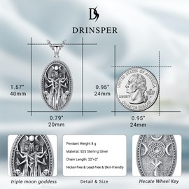 DRINSPER Hecate Necklace Triple Moon Goddess Witch Pendant 925 Sterling Silver Witches Magic Ancient Greek Mythology Night of Hekate Origins Pagan Amulet Jewelry Gifts for Women Men