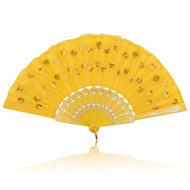 lvzhen Hand Fan Folding, Lace Spanish Fan Peacock Pattern Folding Fan Plastic Handheld Fan for Women Suitable for Wedding Engagement Dancing Birthday Party Cosplay (Yellow)