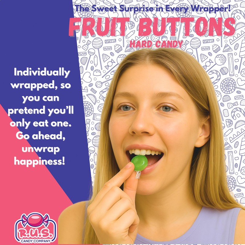 Assorted Fruit Button Hard Candy – About 75 Individually Wrapped