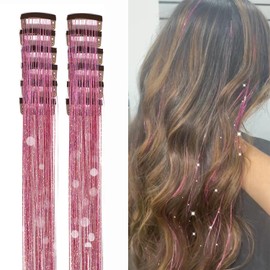 12Pcs Hair Tinsel Clip in Glitter Tinsel Hair Extensions 19.6Inch Clip in Hair Tinsel Kit Heat Resistant Shiny Sparkly Fairy Hair Accessories for Women Girls Kids (Pink)