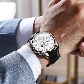 OLEVS Mens Watches Leather Chronograph Diamond Luxury Fashion Dress Analog Quartz Wrist Watch White Luminous Waterproof Moon Phase Date