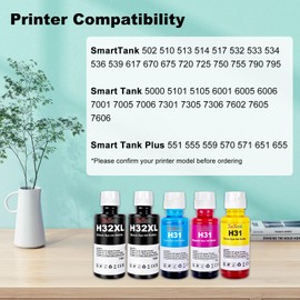 31 32XL Ink Bottle Set Compatible for HP 31 32XL Ink Work for Smart Tank 7001 7301 7602 5000 6001 5101 5102 Plus 651 551 455 457 450 All-in-One Ink-Tank Printer (135ML 32XL Black, 70ML 31 CMY, 5 Pack)