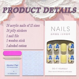 Summer Press on Nails Short Square SWEKKE Petite Fake Nails Yellow Full Cover Lemon Blue Flower False Nails with Designs Glossy Glue on Nails Acrylic Nails Manicure Artificial Nails for Women Girls